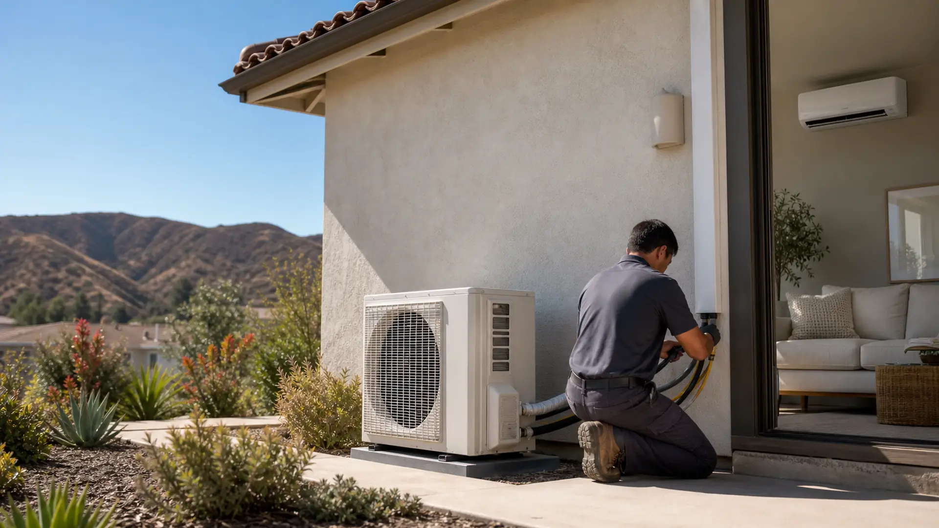 Mitsubishi Electric M-Series outdoor heat pump installed at an Arcadia foothill home