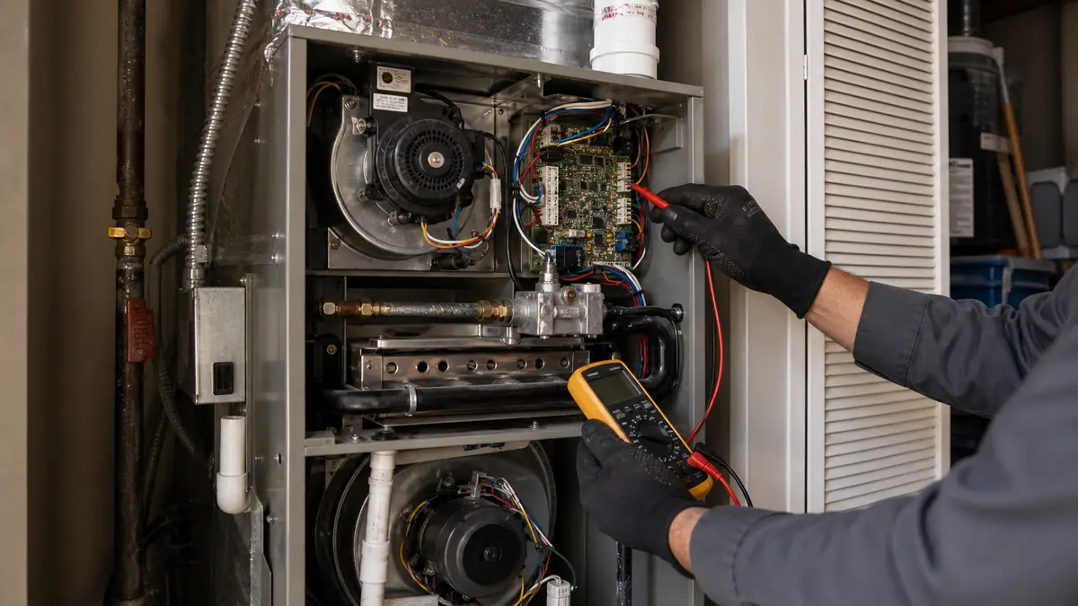 Technician reading a furnace control-board flash code in an Arcadia home
